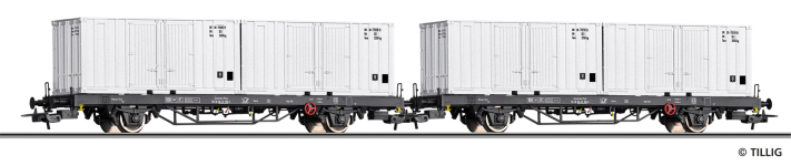 Tillig 70056 - H0 - 2-tlg. Set Containertragwagen, Deutsche Post, Ep. IV